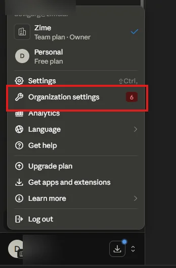 Claude account menu with Organization settings highlighted