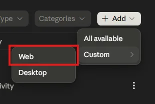 The Add menu in Claude admin settings showing Custom expanded with Web and Desktop options, Web highlighted