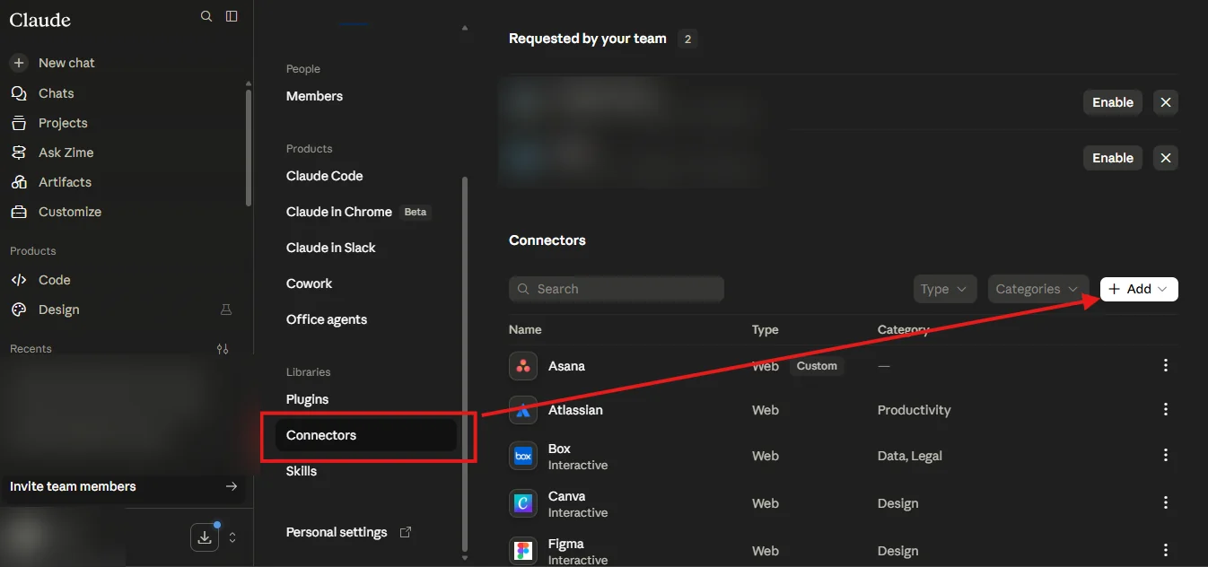 Claude organization settings Connectors panel with the Add button highlighted