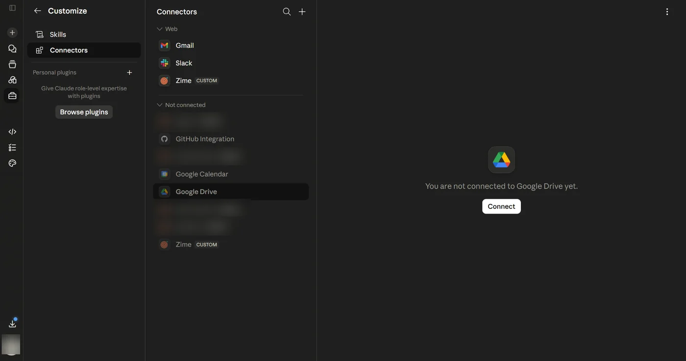 Claude Connectors screen showing Google Drive selected with a Connect button