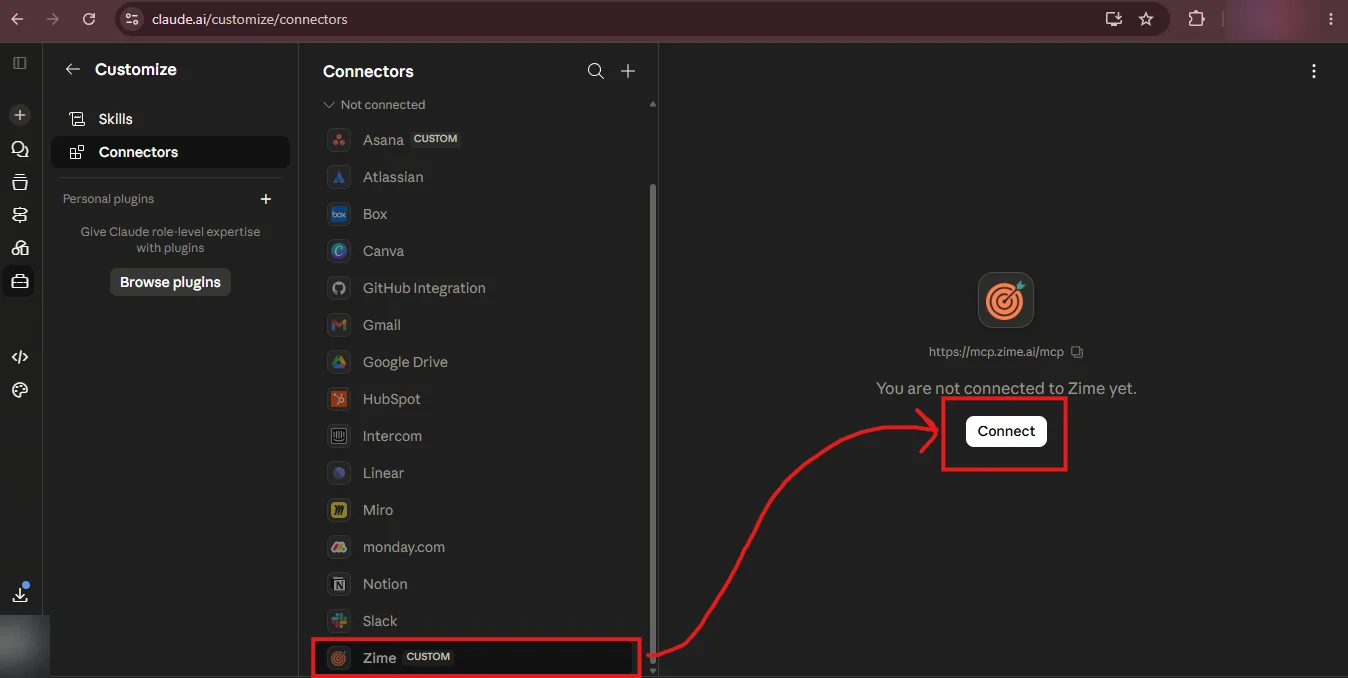 Claude Connectors screen showing Zime in the list and the Connect button for the Zime MCP server