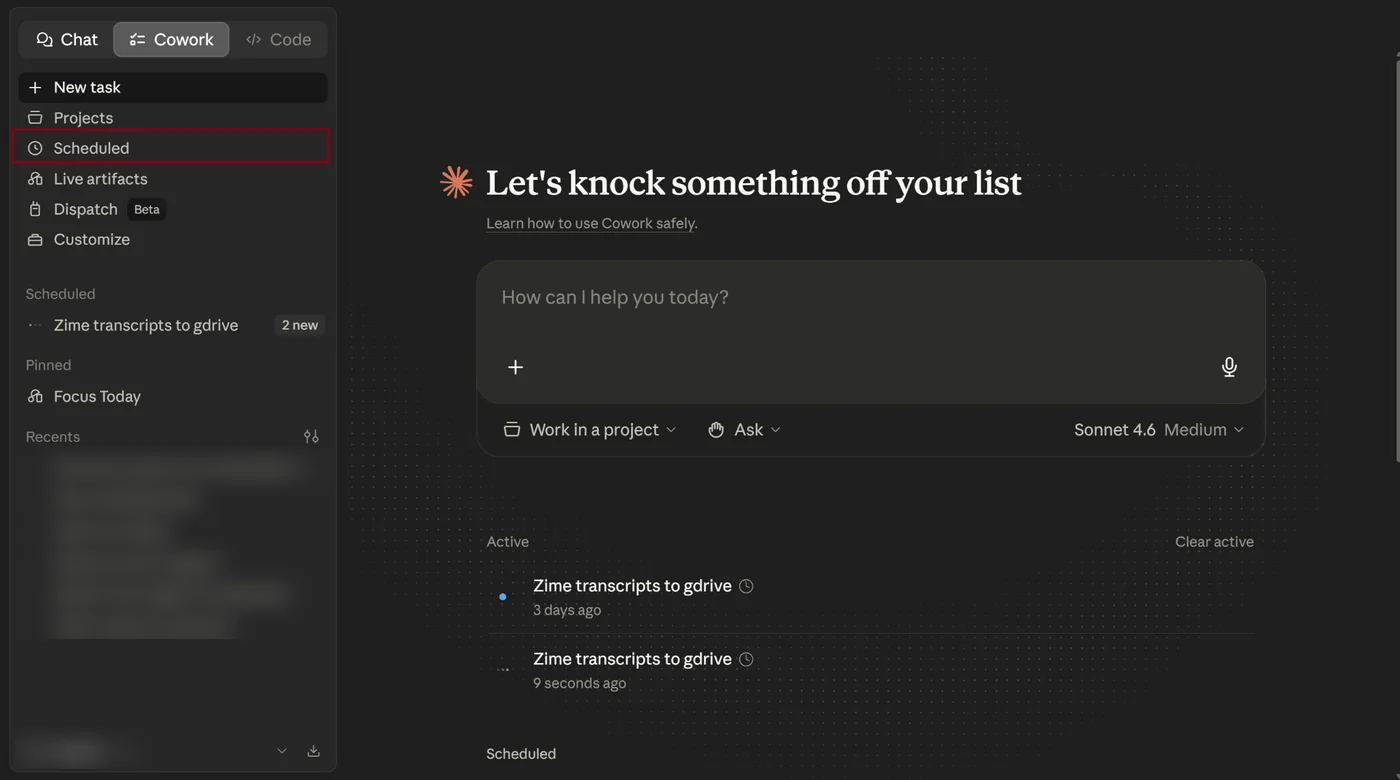 Claude Cowork sidebar with the Scheduled entry highlighted and a Zime transcripts export task listed