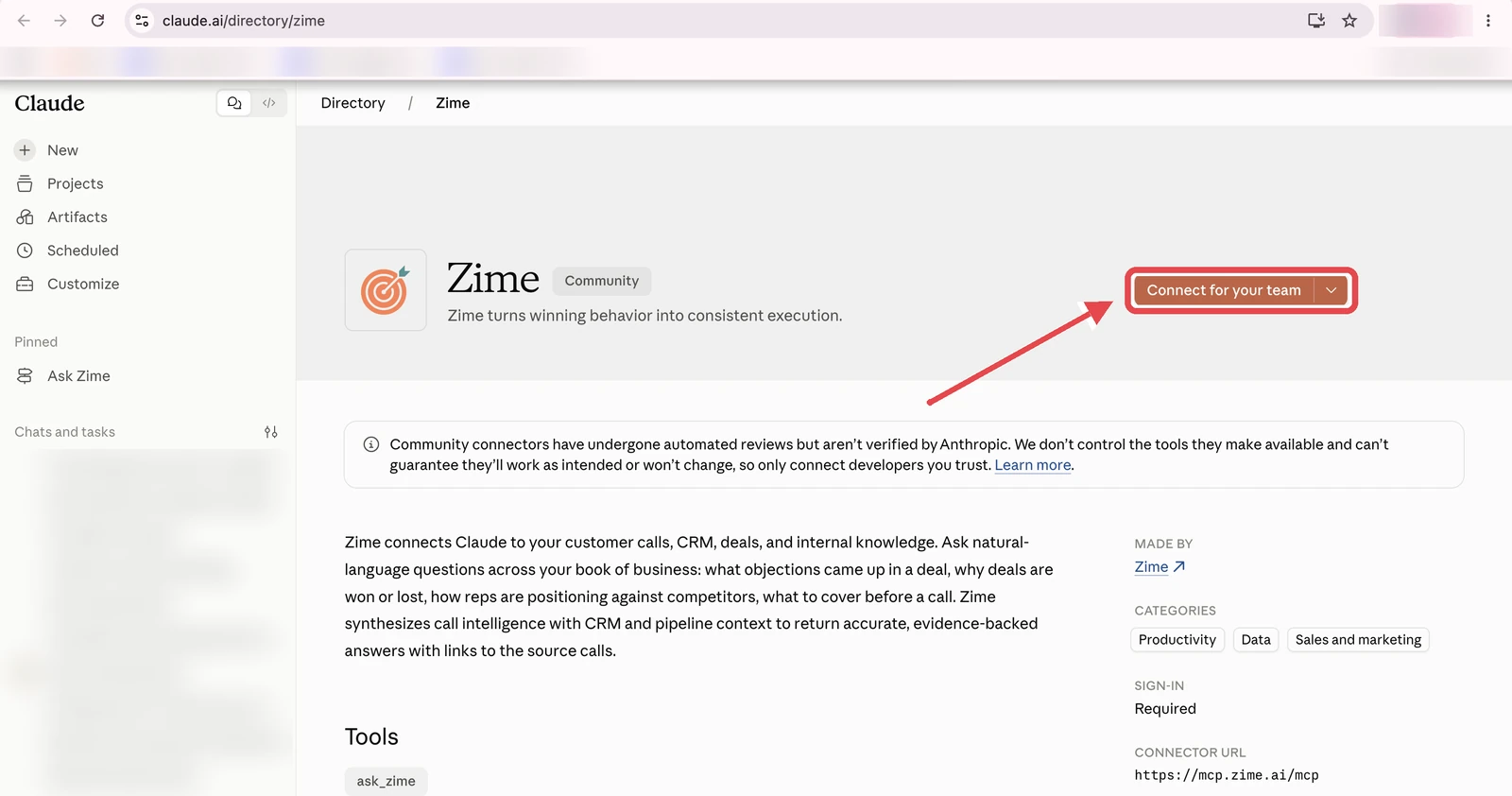 The Zime listing in the Claude directory as seen by a workspace Owner, with the Connect for your team button