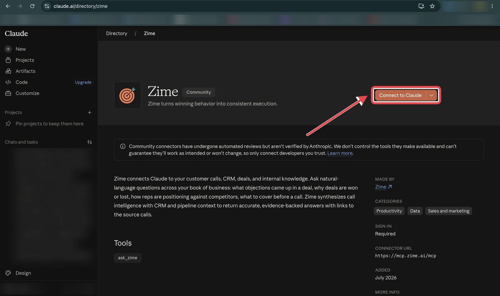 The Zime listing in the Claude directory with the Connect to Claude button highlighted