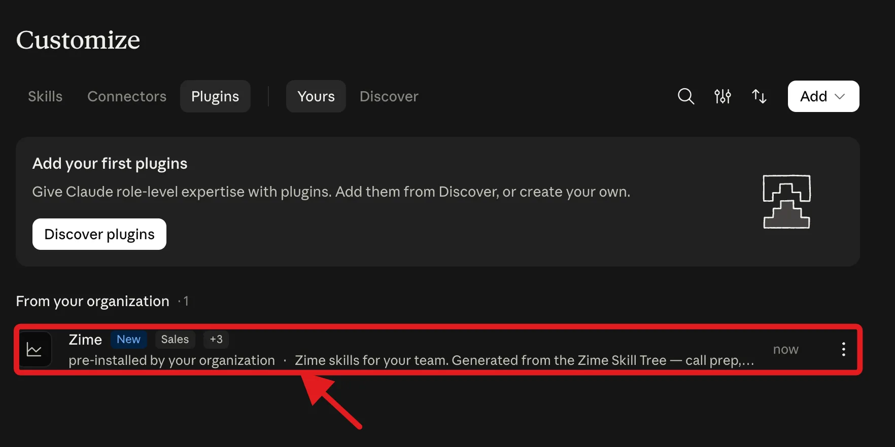 The member Plugins settings panel with the Zime plugin listed under From your organization