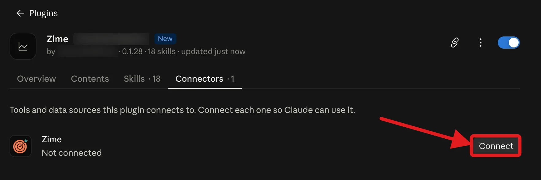 The plugin Connectors tab with the Connect button highlighted