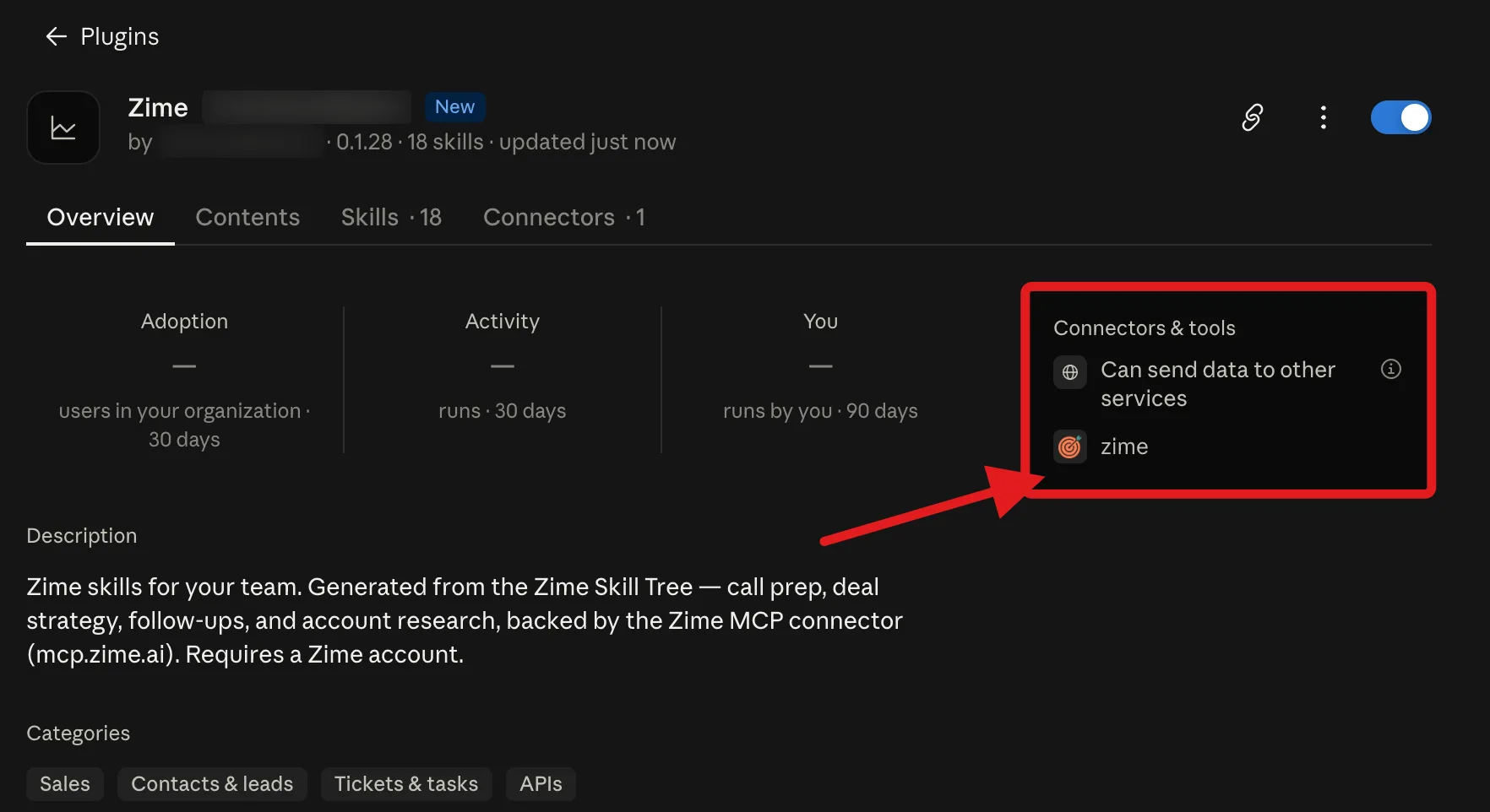 The plugin Overview tab showing the description and the Connectors and tools panel