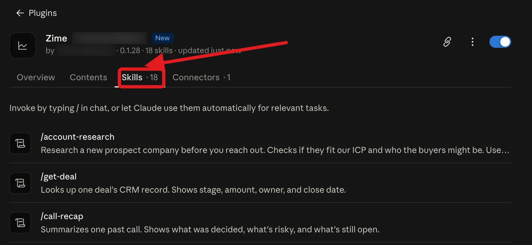 The plugin Skills tab listing the slash commands each skill provides
