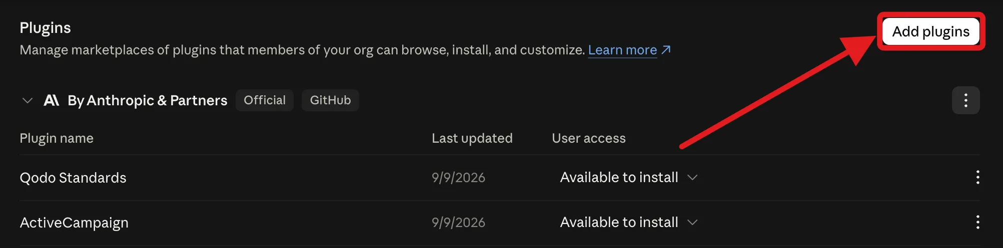 The organization Plugins page with the Add plugins button highlighted