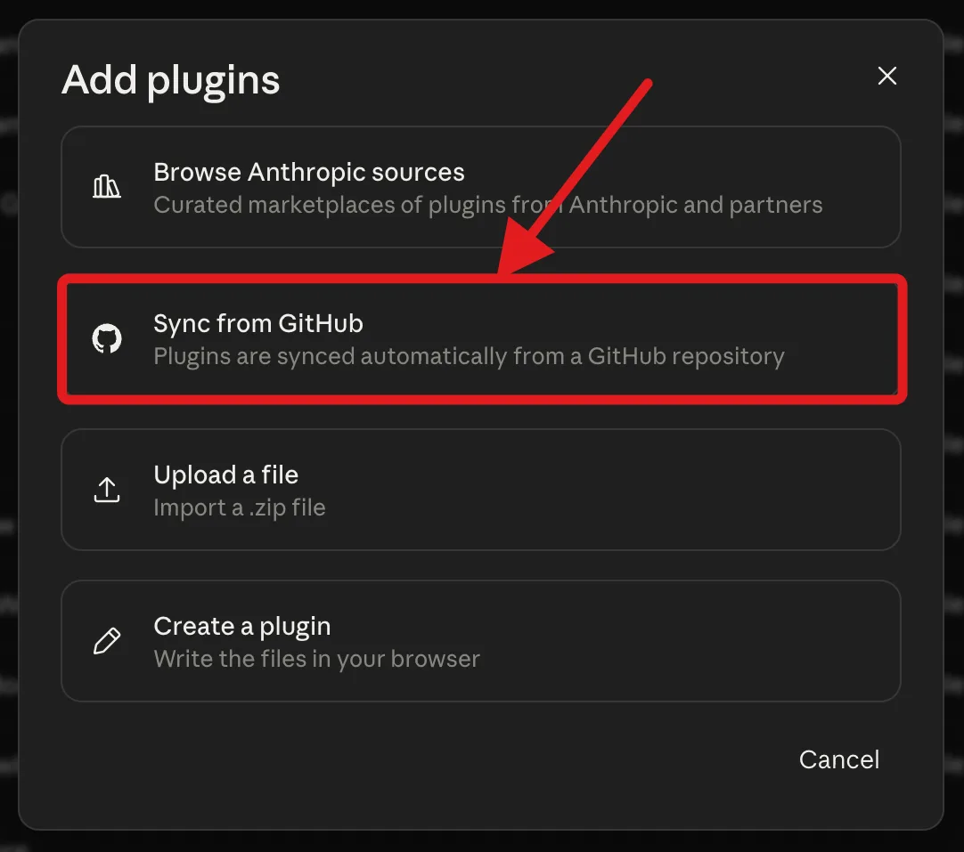 The Add plugins dialog with the Sync from GitHub option highlighted