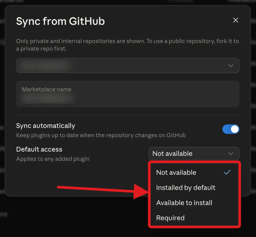 The Sync from GitHub dialog with the Default access dropdown set to Installed by default