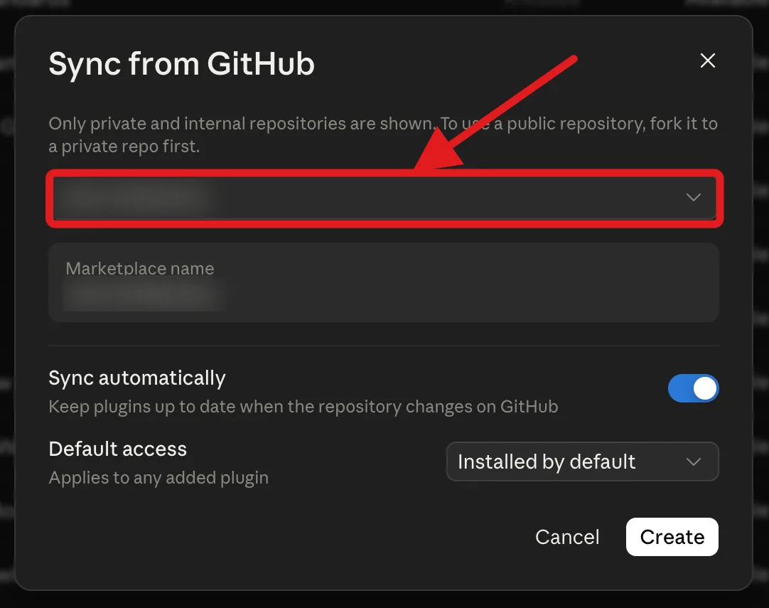 The Sync from GitHub dialog with the repository field highlighted and the repository name obscured