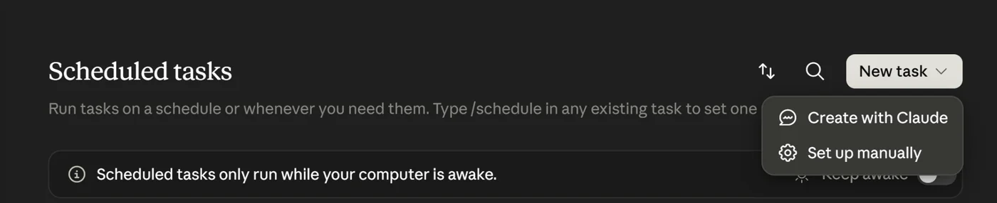 Claude Scheduled tasks screen with the New task menu open showing Create with Claude and Set up manually options