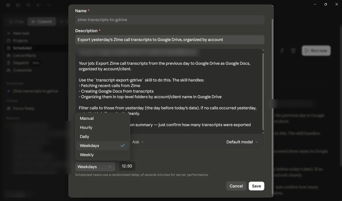 Claude scheduled task creation panel with a Zime transcripts export task, frequency options, and run time picker