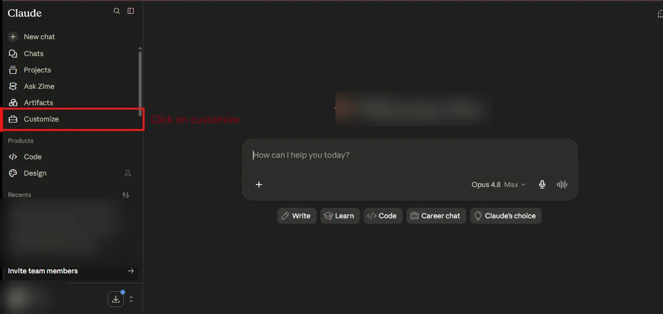 Claude sidebar with the Customize entry highlighted