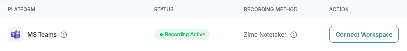 Zime Settings, Recording platforms tab, MS Teams row with a Connect Workspace button