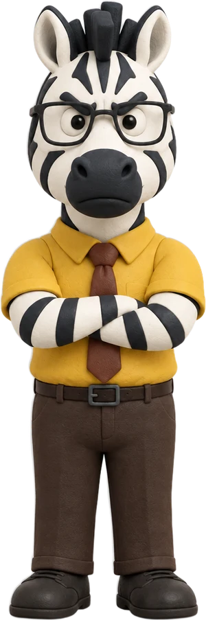 Dwight, the Dwight 4B mascot: a grumpy zebra in glasses, a mustard shirt and a brown tie, arms crossed