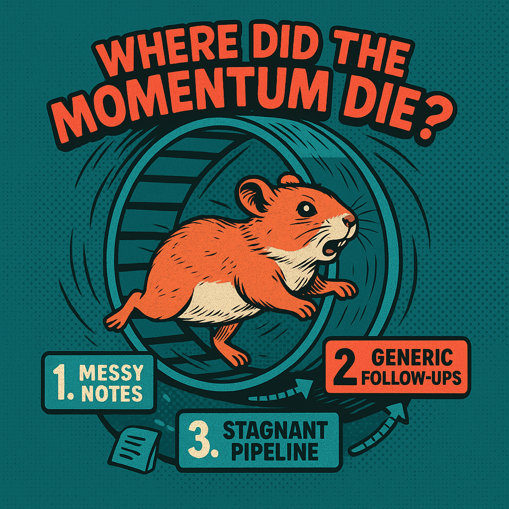 Where did the momentum die - Illustration showing hamster wheel with messy notes, generic follow-ups, and stagnant pipeline